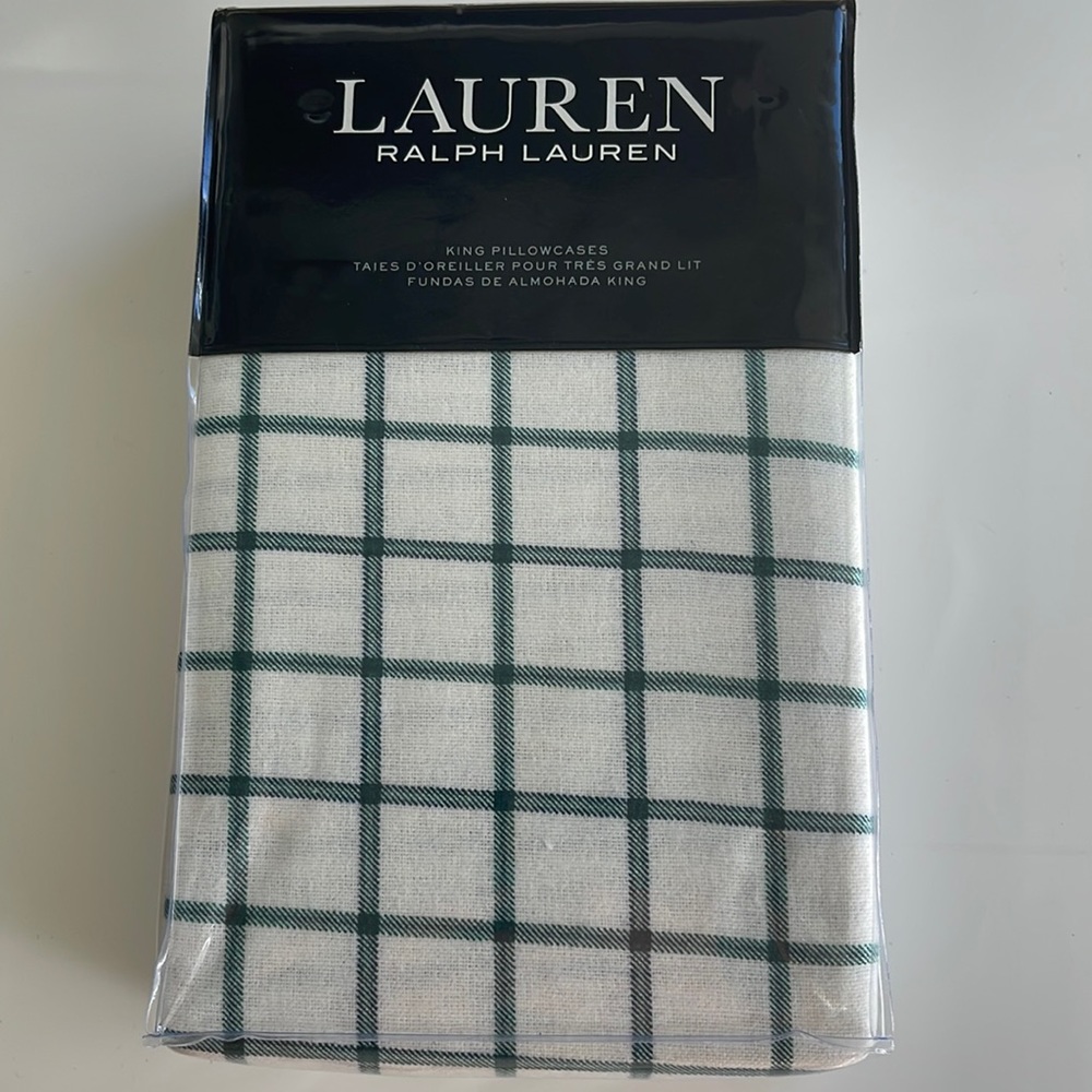 New Ralph Lauren Flannel Millerton Plaid Green Navy King Pillowcase set. $85